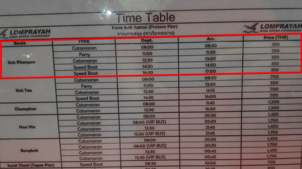 Boat schedule from Pralarn Pier to Koh Phangan (Lomprayah)
