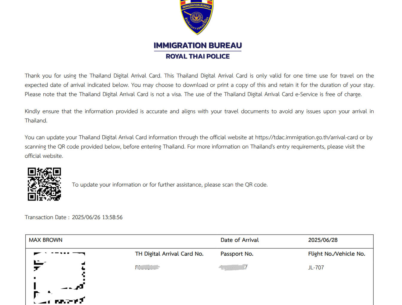 Completed Thailand Digital Arrival Card