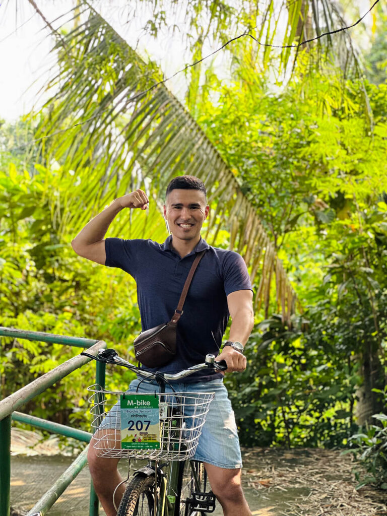 Riding a bicycle on Bang Kachao Island in Bangkok