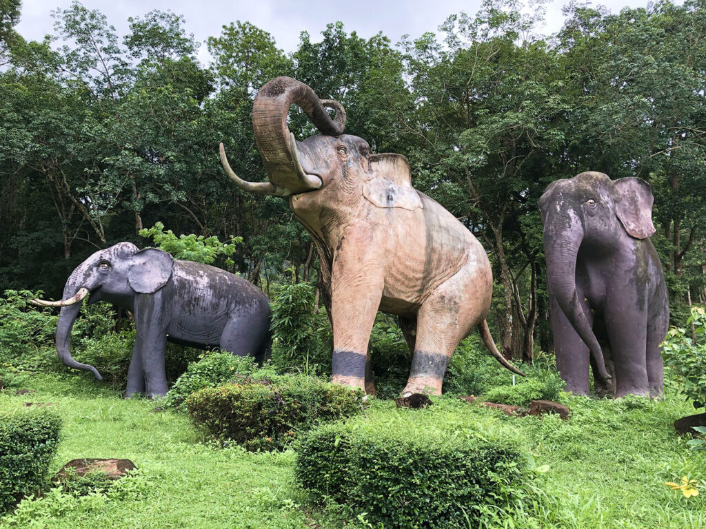 Elephant statues at the entrance of the abandoned Grand Lagoona Resort