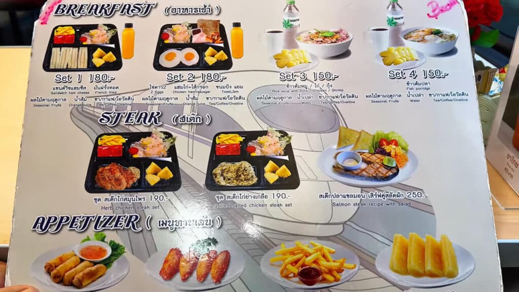 Food menu on Special Express CNR train in Thailand