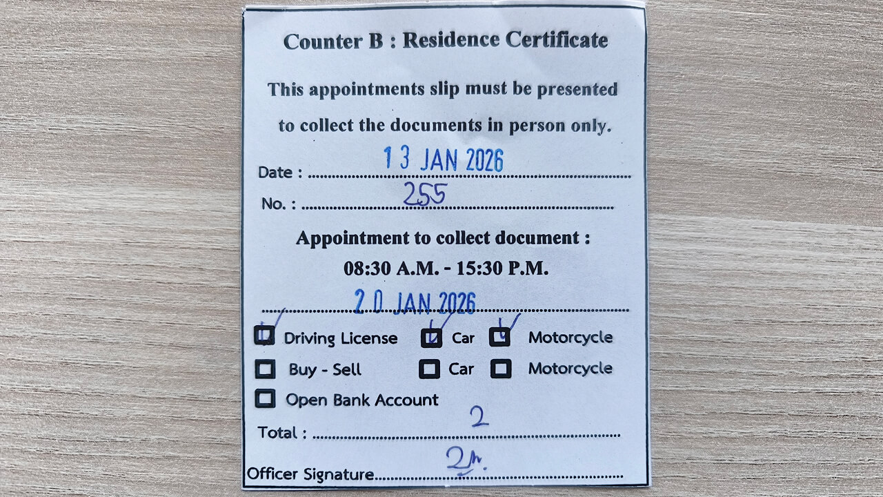 Appointment for obtaining a residence certificate in Thailand