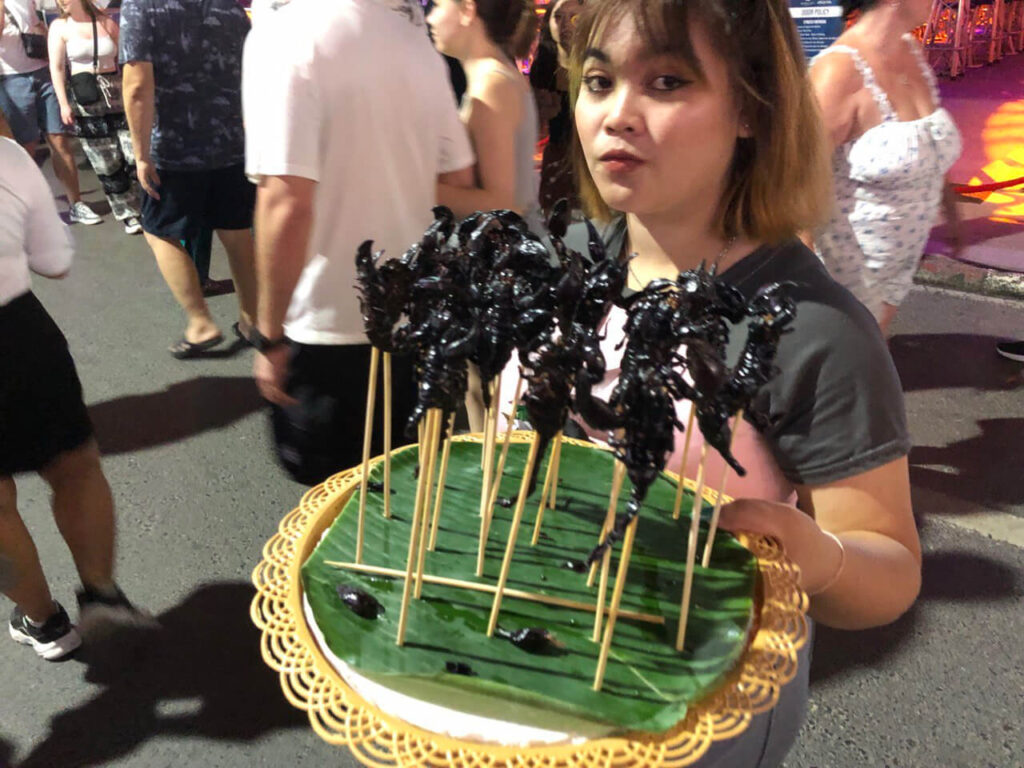 Grilled scorpions on a stick sold at Bangla Road night market