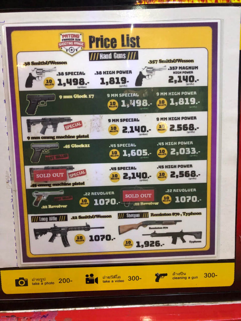 Prices for shooting a real gun on Bangla Road
