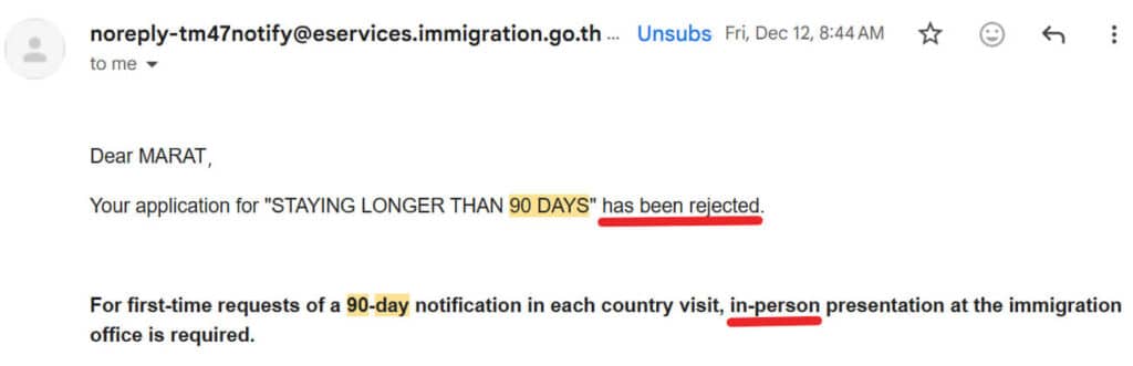 Online 90 Days Report in Thailand was declined if you do it the first time