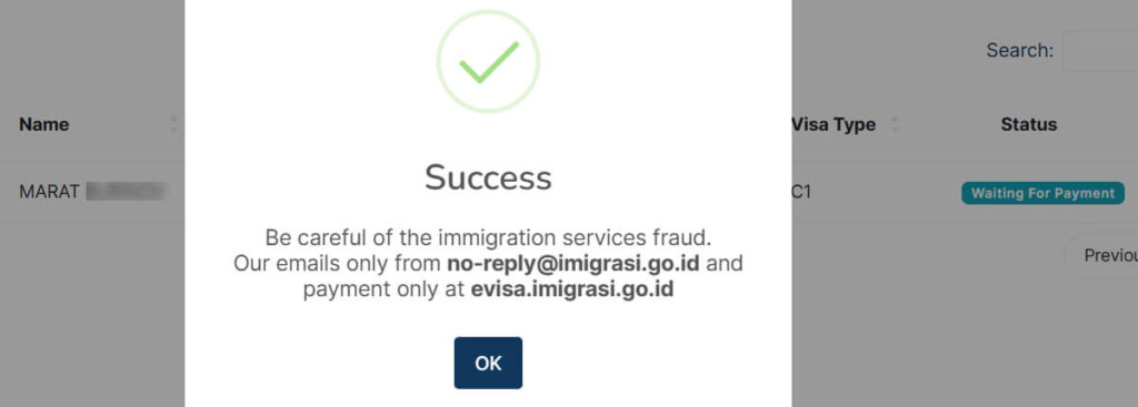Successful submission of C1 visa application on evisa.imigrasi.go.id