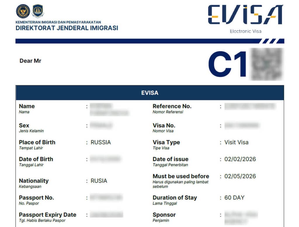 What a C1 visa for Indonesia looks like