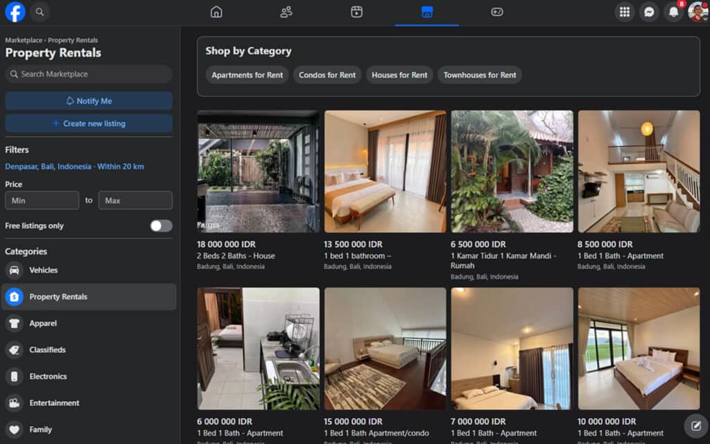 Facebook Marketplace is a good way of finding an accomodation in Bali for long term
