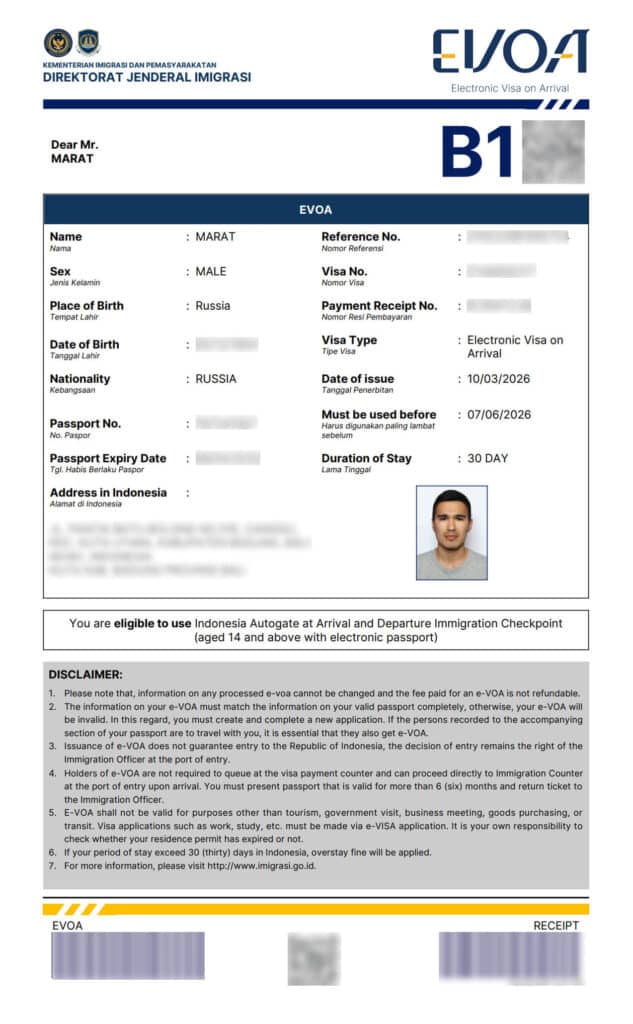 Example of Indonesian Electronic Visa on Arrival (eVOA)