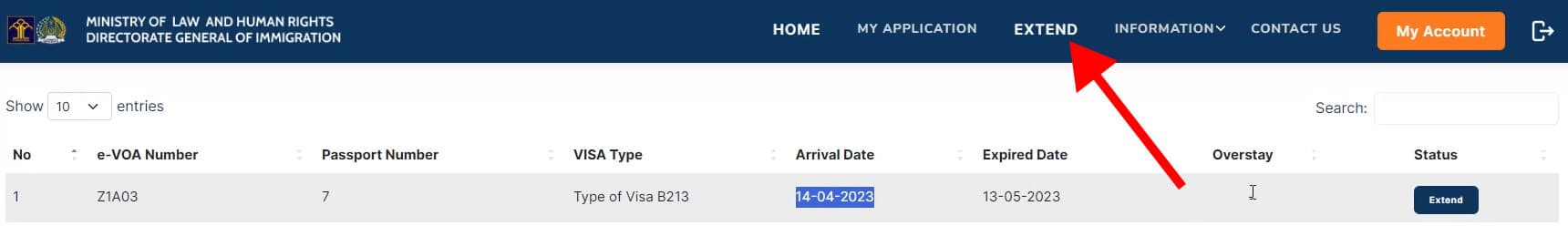 Extend section in the Indonesian Immigration portal showing an eligible e-VOA for extension