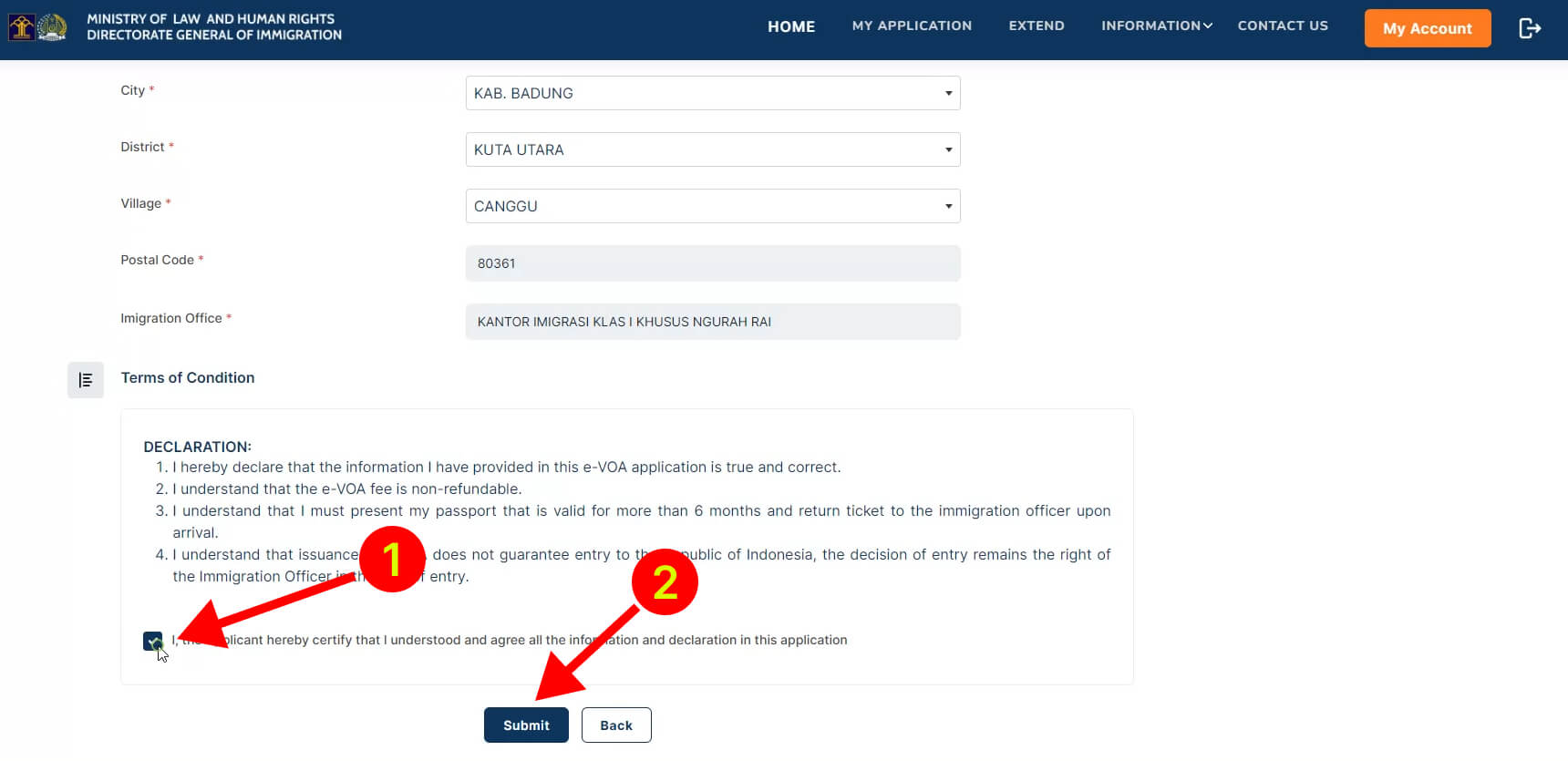 Reviewing and confirming the terms for an Indonesian e-VOA extension online