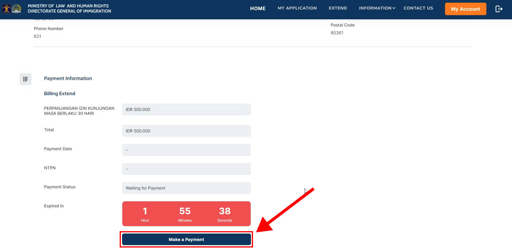 Online payment page for extending an Indonesian e-VOA through the Immigration website