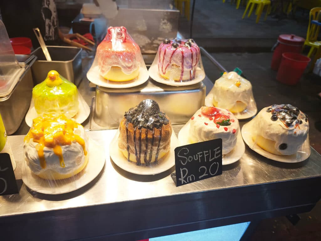 Soufflé cakes for sale at Jalan Alor Food Street in Kuala Lumpur